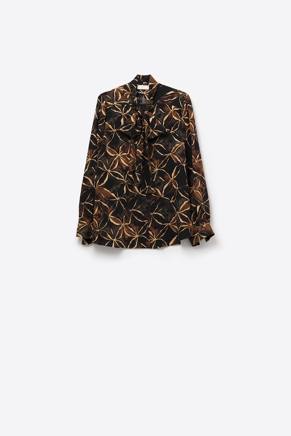 Camisa de chiffon preta com estampado abstrato e laço com nó