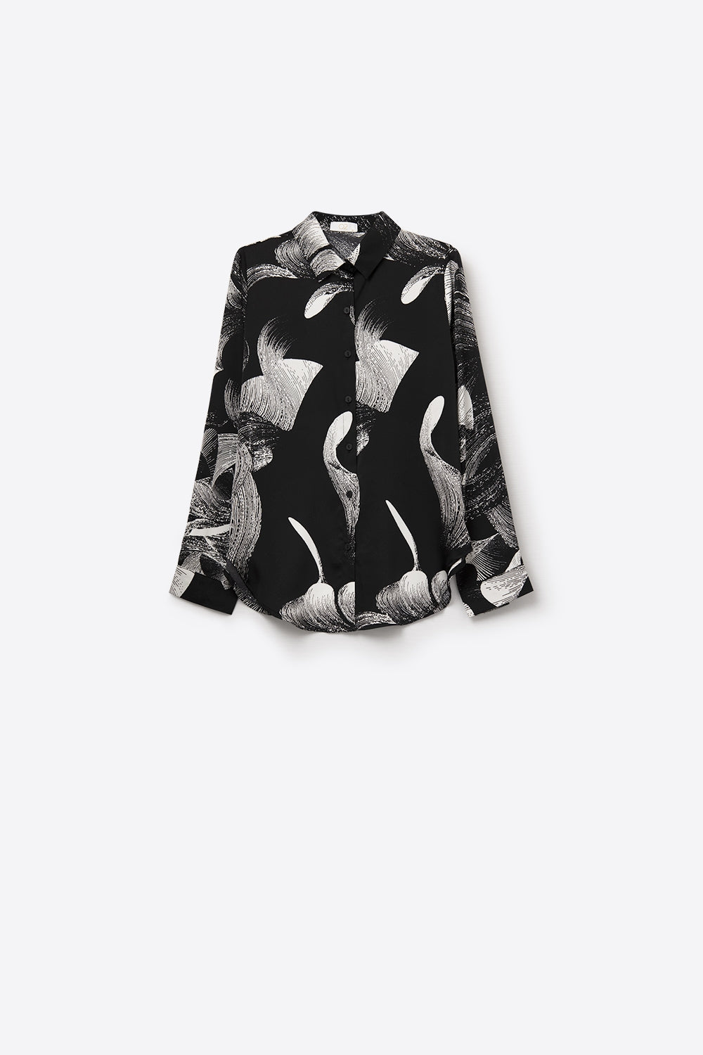 Blusa de cetim preta com estampado abstrato