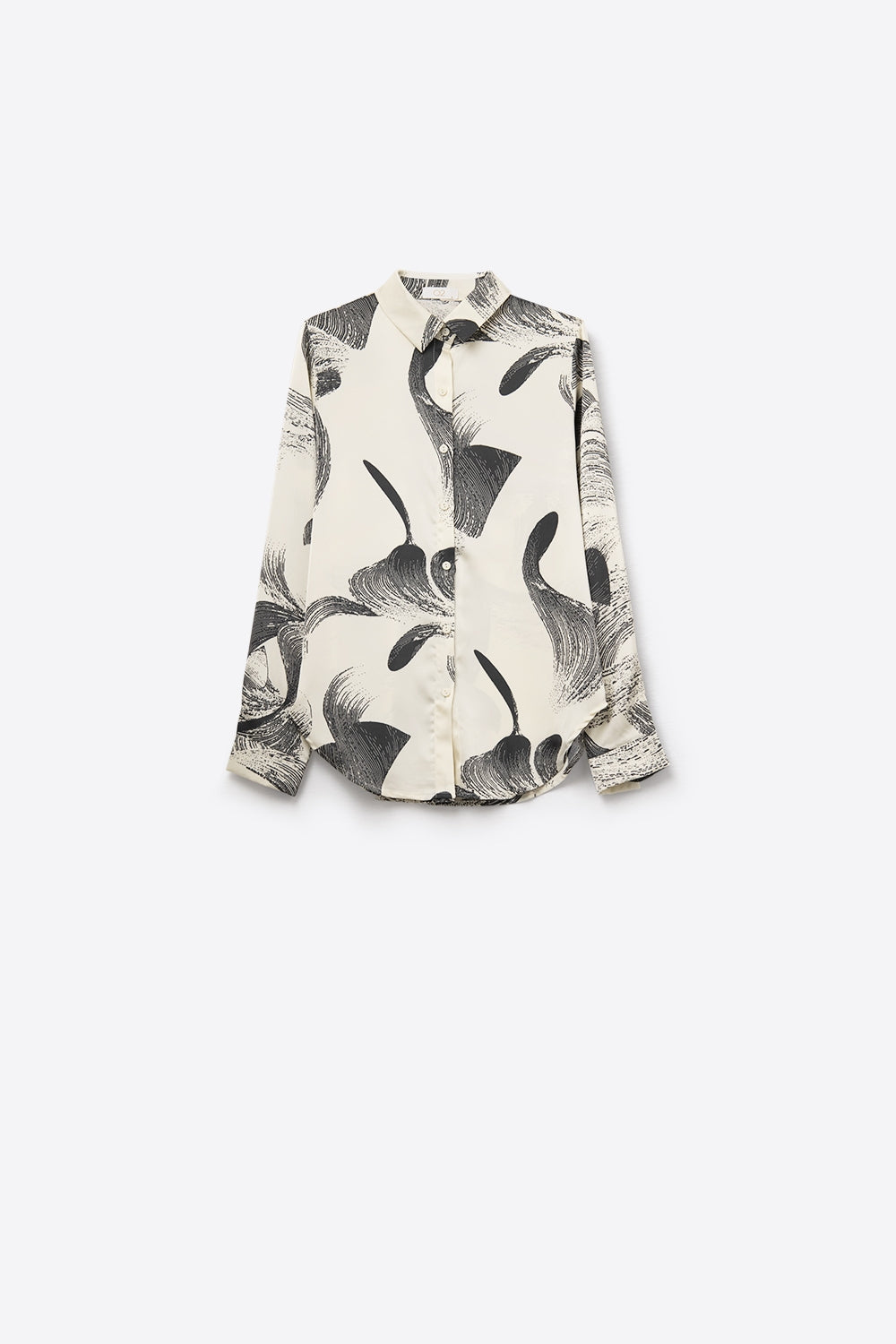 Camisa de Cetim com Estampa Abstrata Creme de Caimento Solto