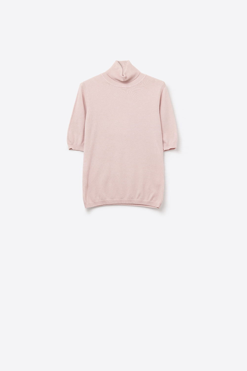 Camisola de malha fina cor-de-rosa com gola alta e mangas até ao cotovelo