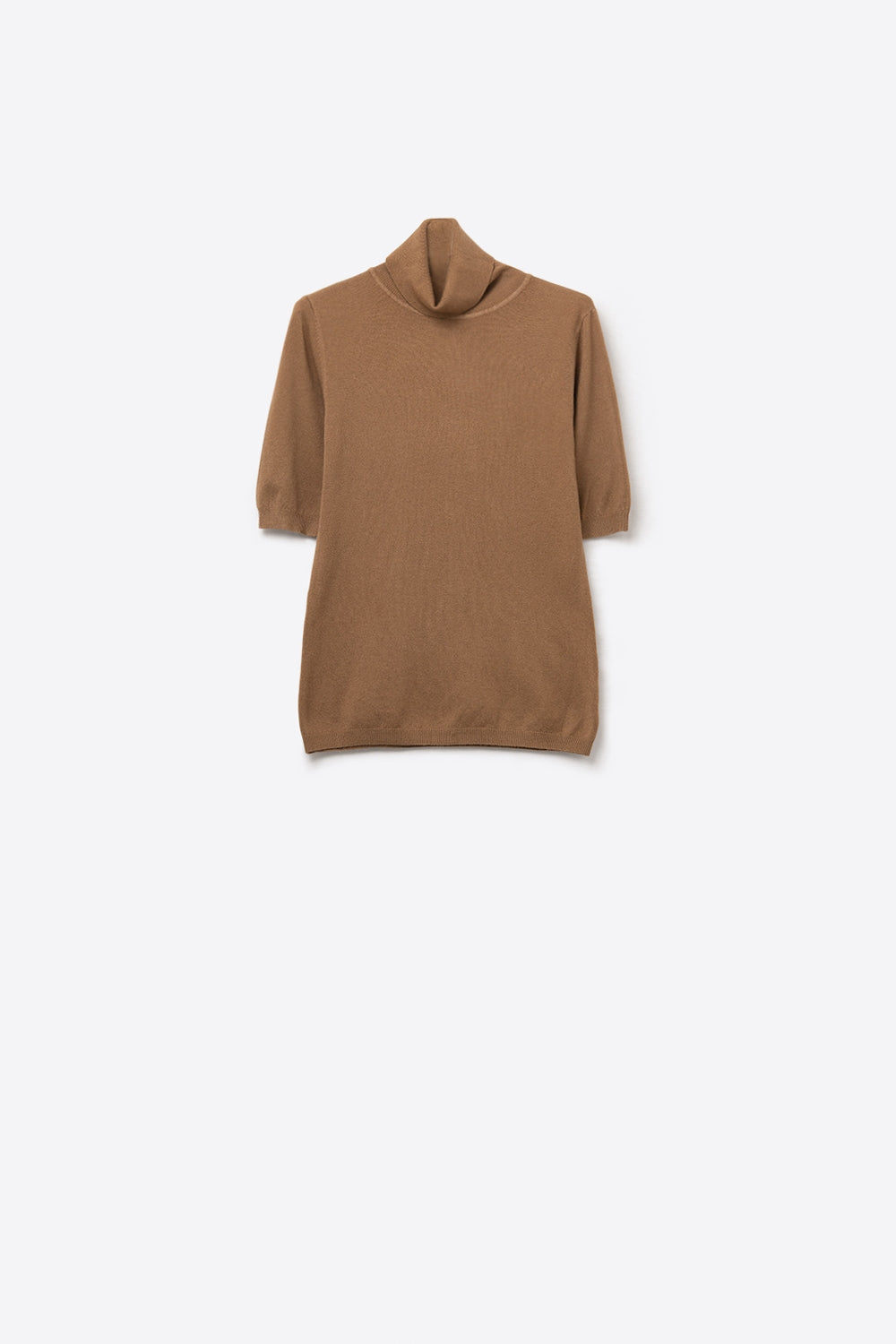 Suéter de Gola Alta com Manga Curta em Malha Canelada na Cor Camelo