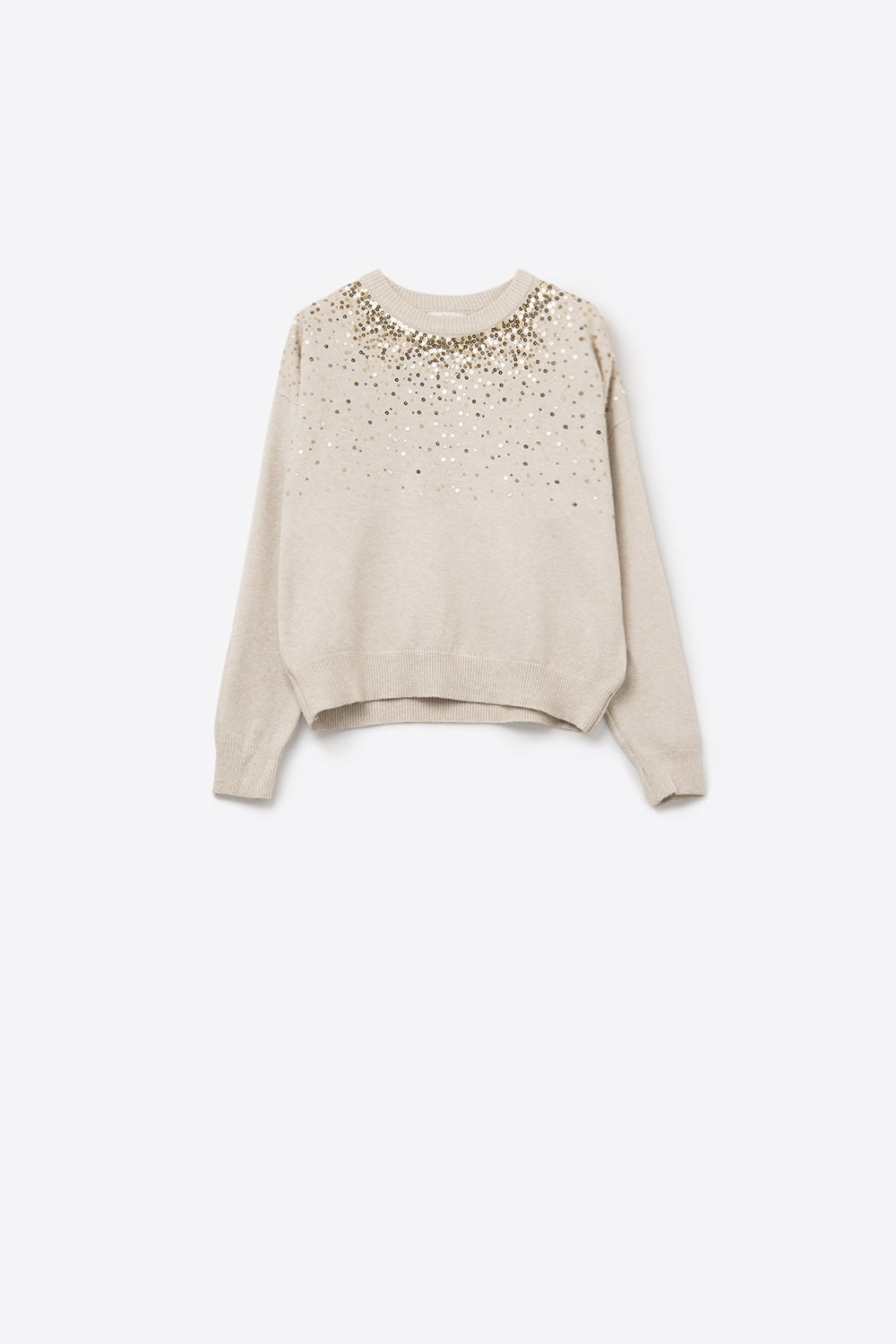 Camisola de malha macia creme decorada com lantejoulas na frente
