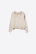 Camisola de malha macia creme decorada com lantejoulas na frente