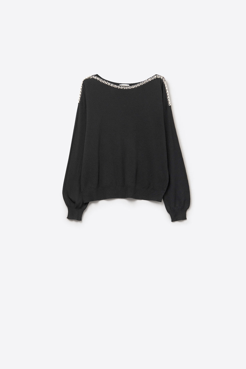 Camisola preta de malha fina com gola redonda e pormenor de strass