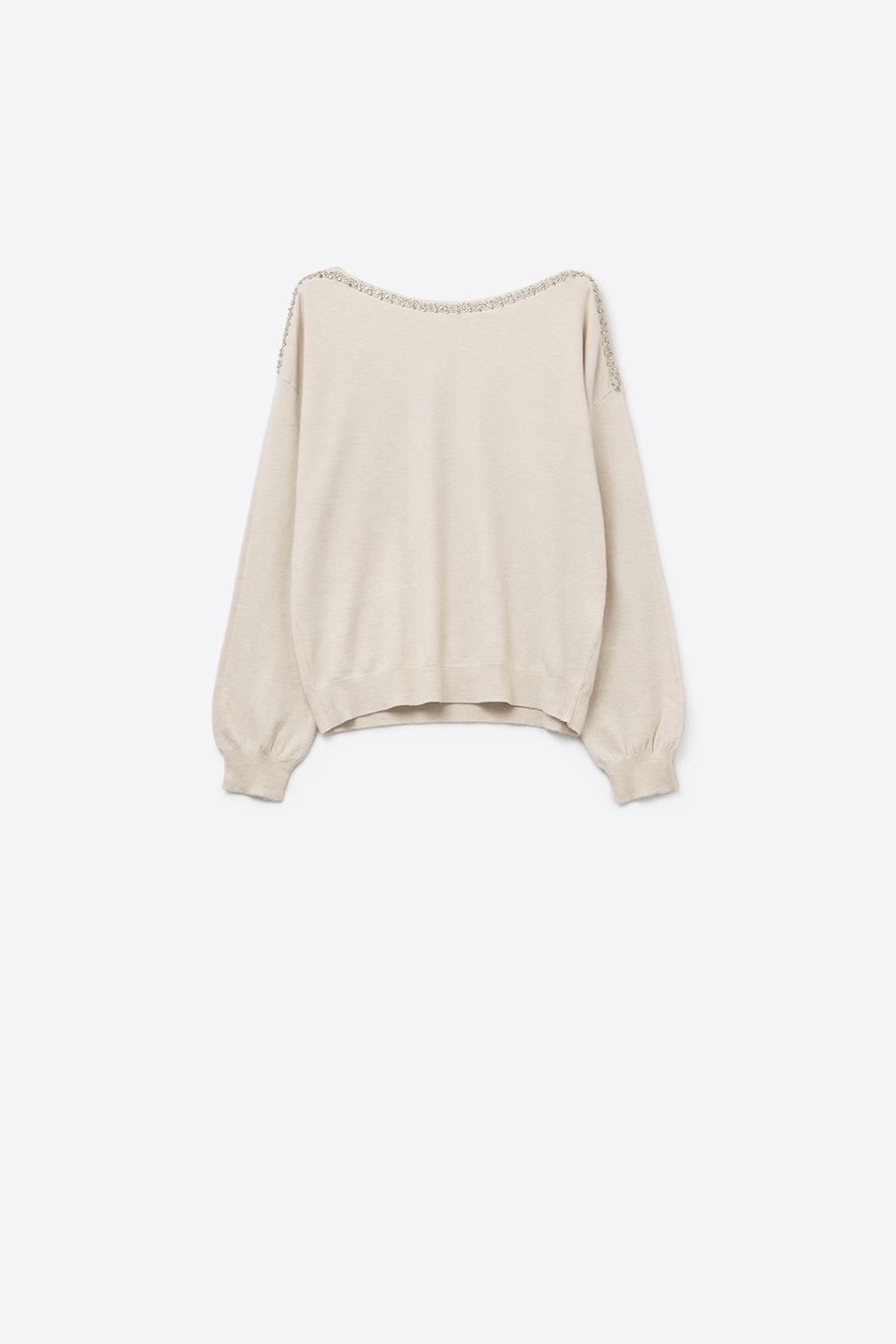 Camisola de malha fina creme com gola em barco e pormenor de strass