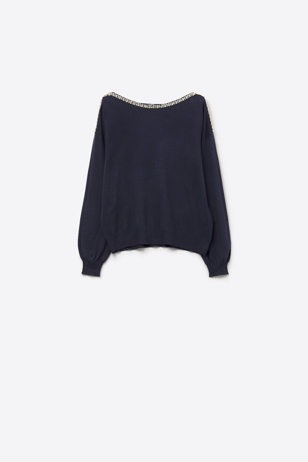 Camisola de malha fina azul-marinho com gola em barco e pormenor de strass