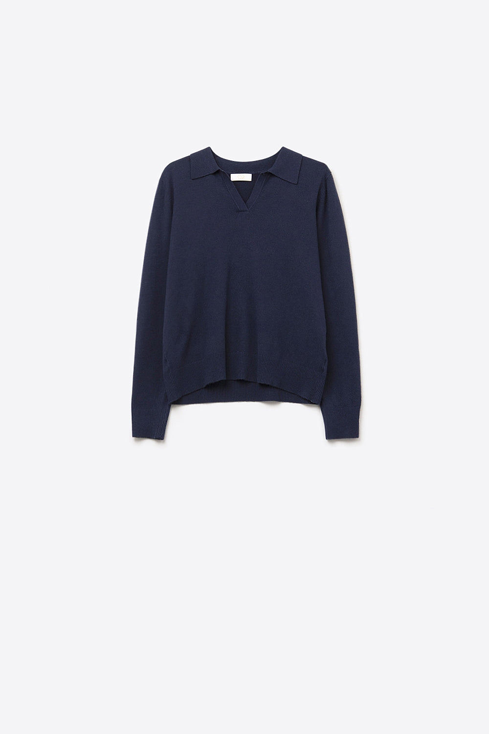 Polo de malha azul-marinho com gola polo tricotada e decote em V sem carcela de botões