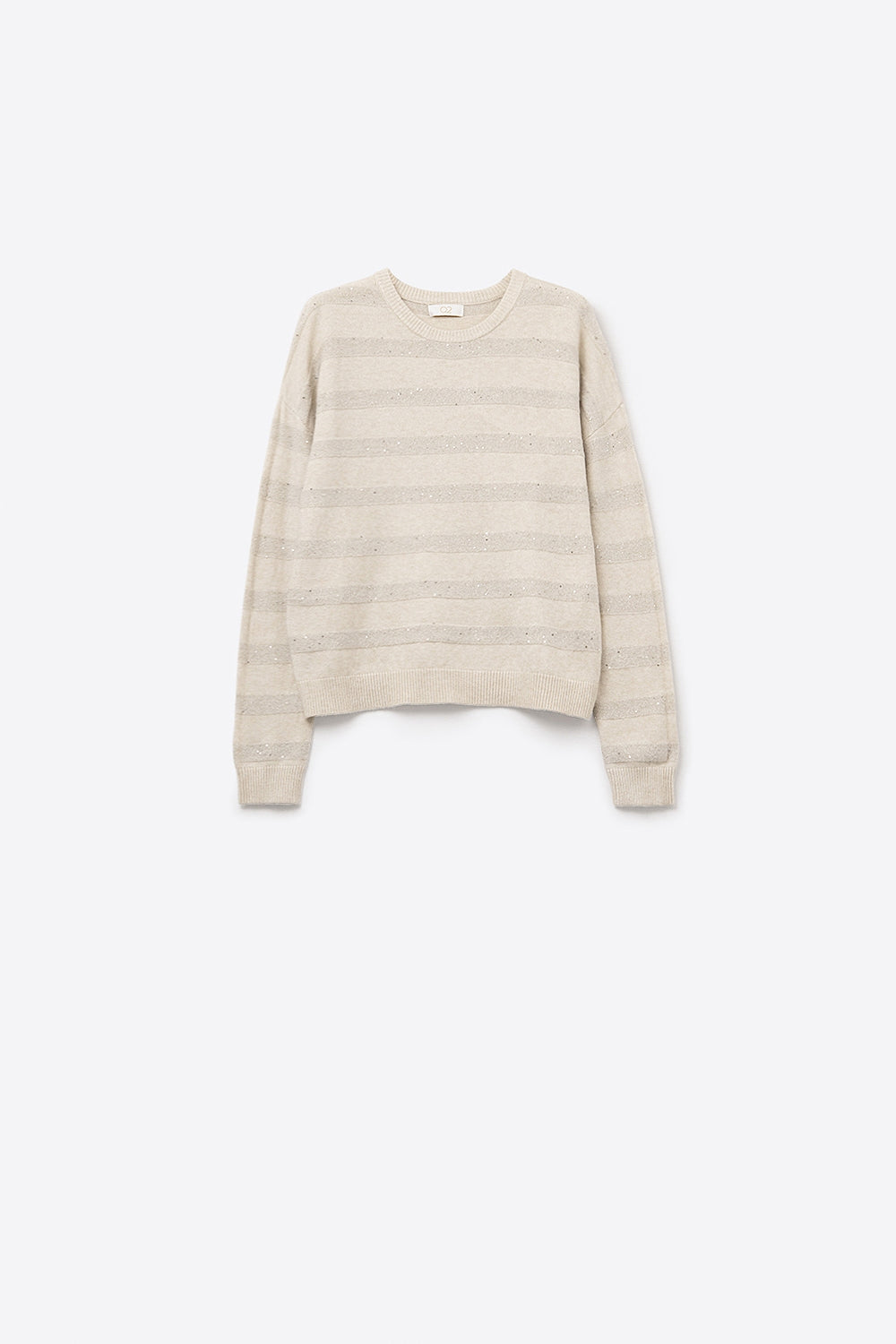Camisola de malha às riscas em creme com pormenores de lantejoulas
