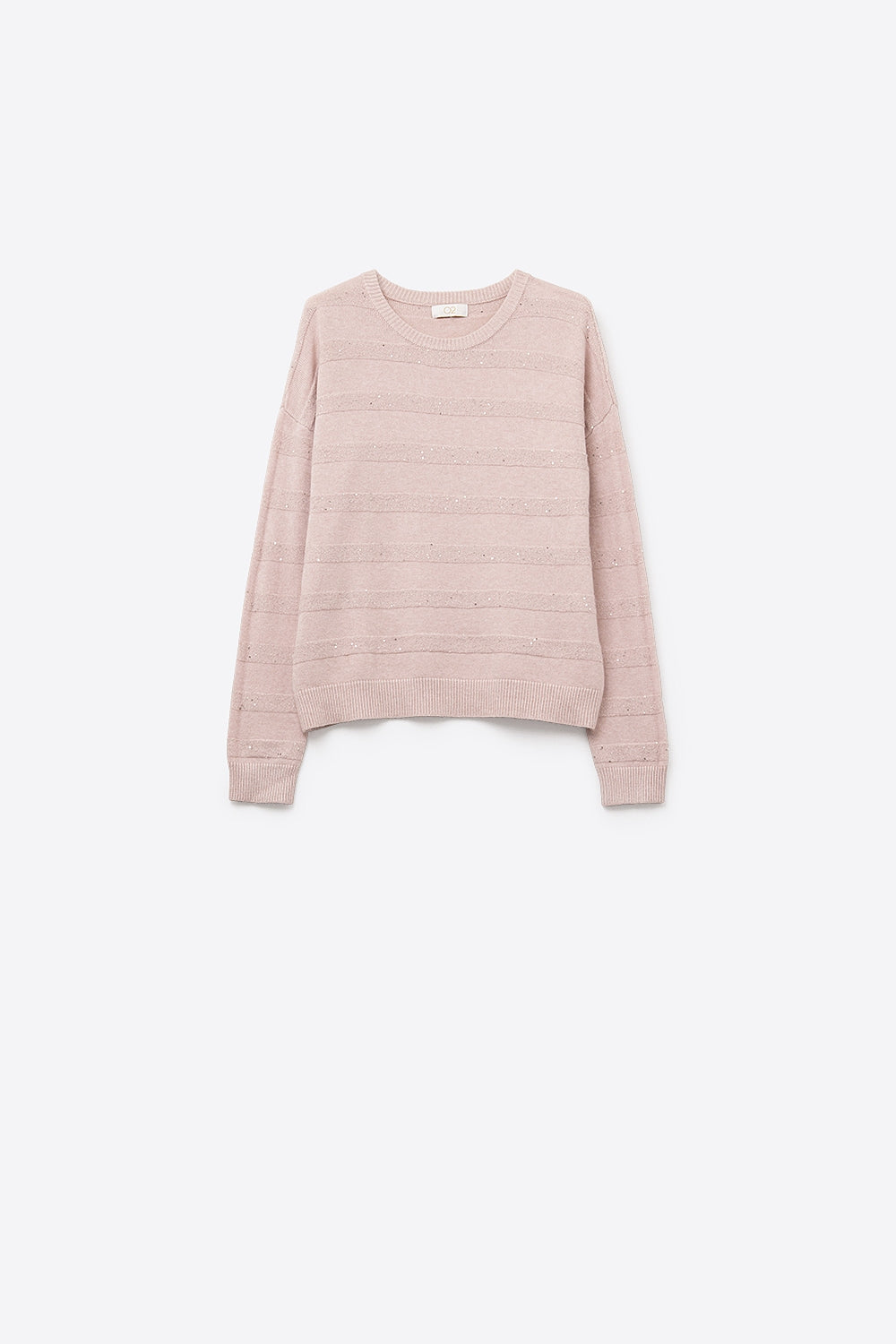Camisola de malha às riscas cor-de-rosa com pormenores de lantejoulas