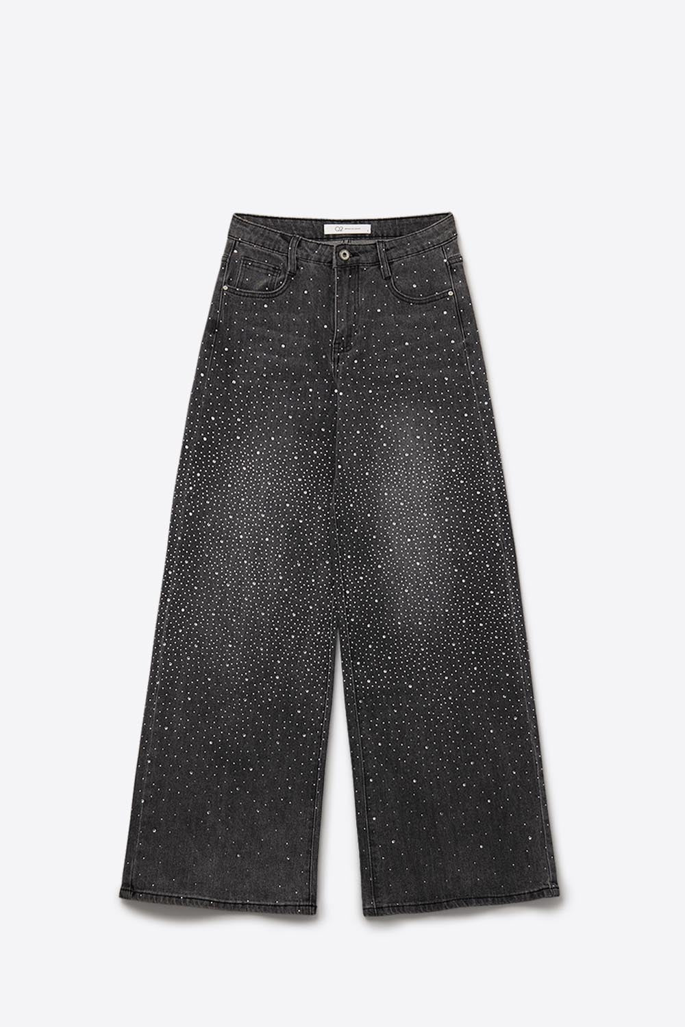 Calças de ganga de pernas largas com strass preto