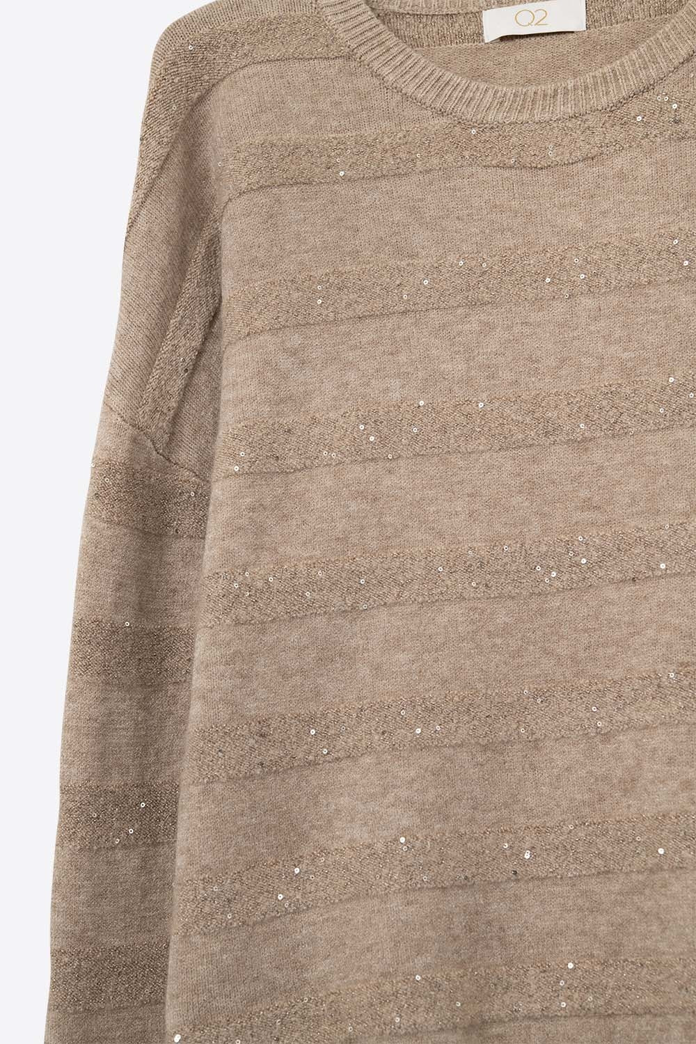 Camisola de malha às riscas bege com pormenores de lantejoulas
