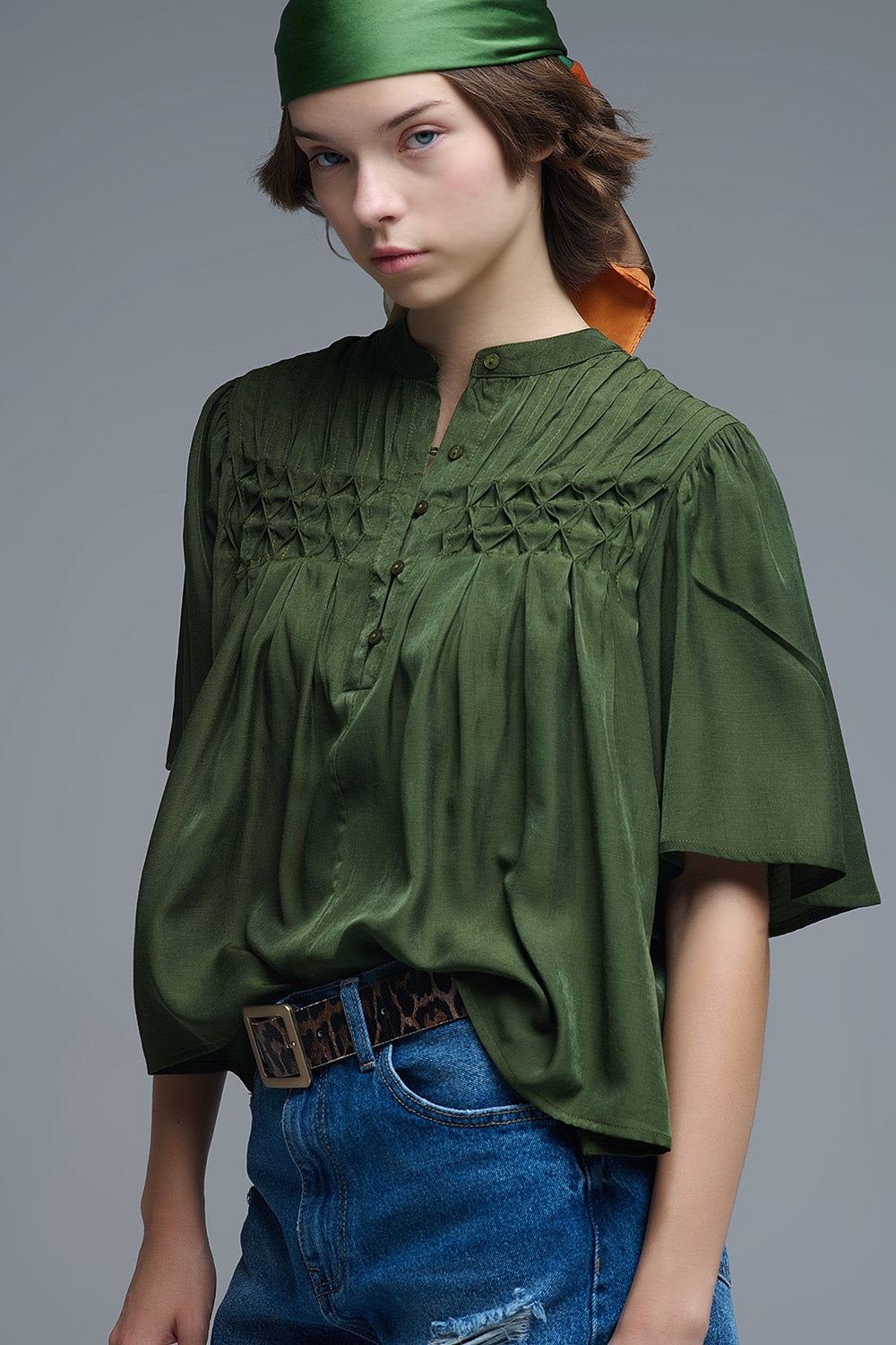 Blusa verde descontraída de estilo boho com pormenores bordados