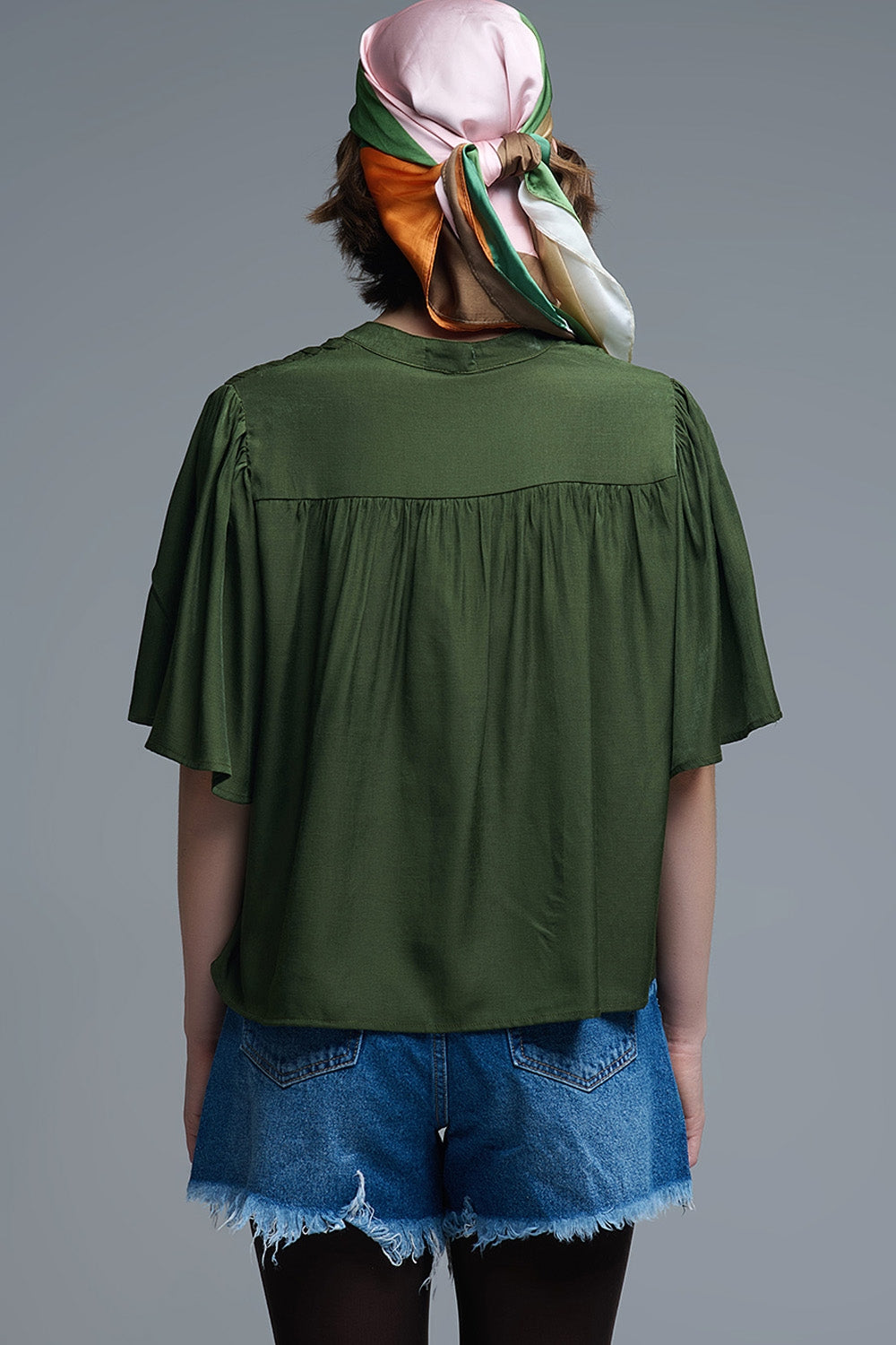 Blusa verde descontraída de estilo boho com pormenores bordados
