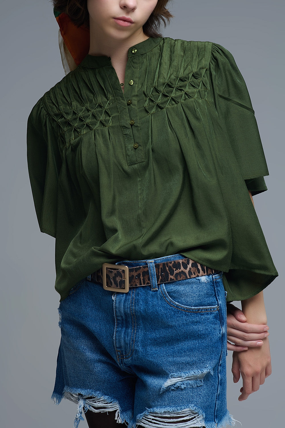 Blusa verde descontraída de estilo boho com pormenores bordados