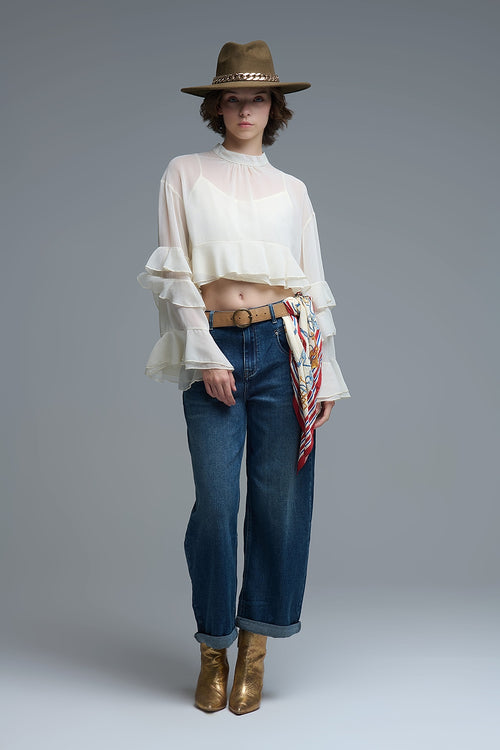 Blusa bege em chiffon com folhos e capa transparente