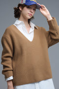 Camisola fina com decote em V superdimensionada em camel