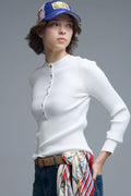 Camisola com nervuras de manga comprida henley em branco