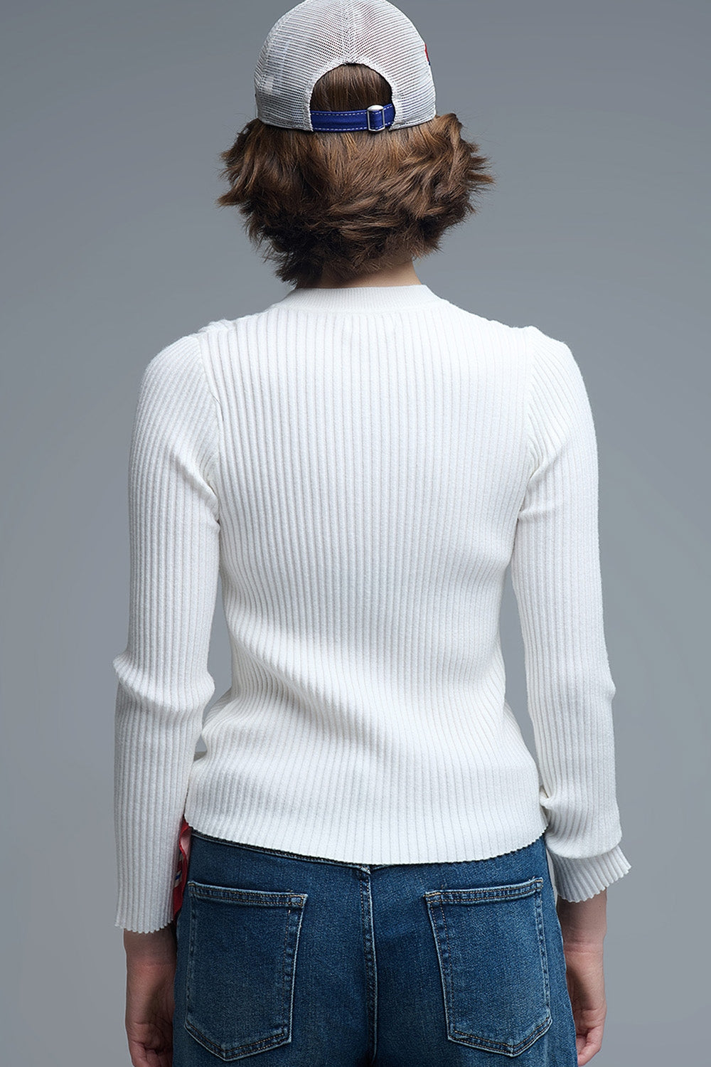 Camisola com nervuras de manga comprida henley em branco