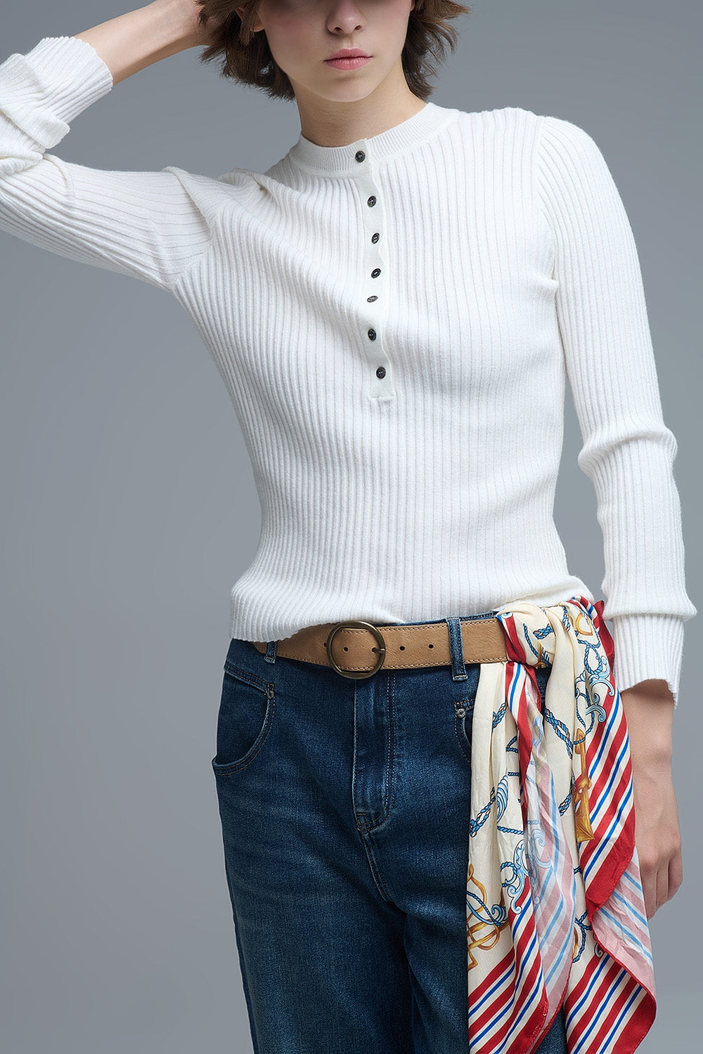Camisola com nervuras de manga comprida henley em branco