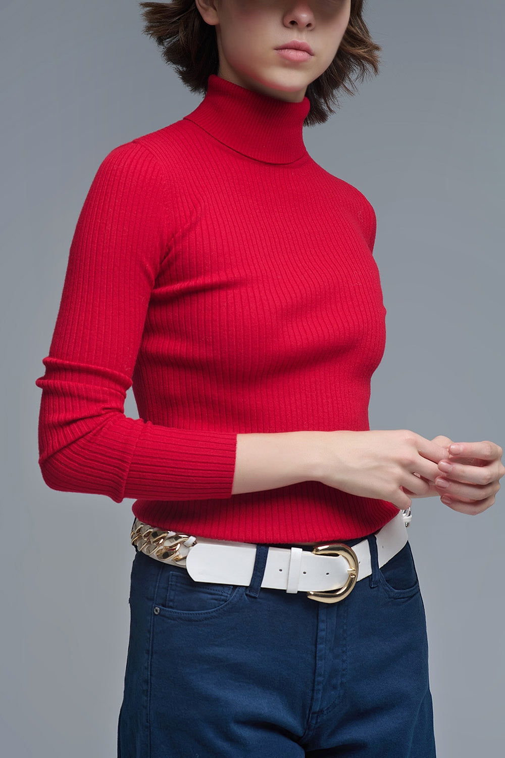 Camisola com nervuras de gola redonda enrolada em vermelho rubi