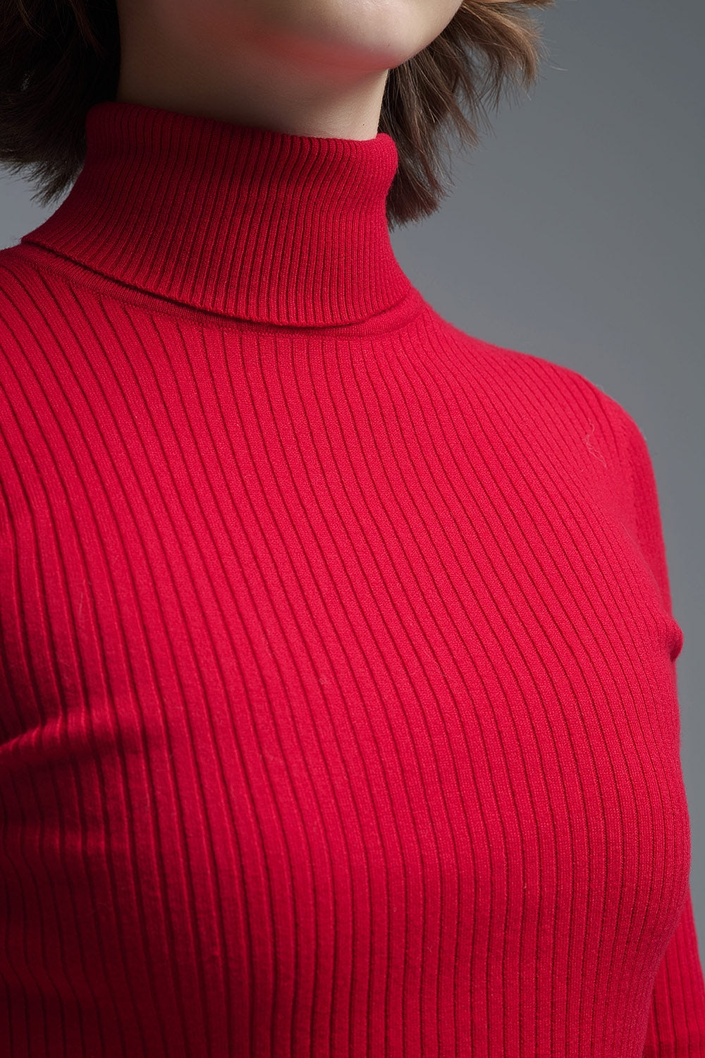 Camisola com nervuras de gola redonda enrolada em vermelho rubi