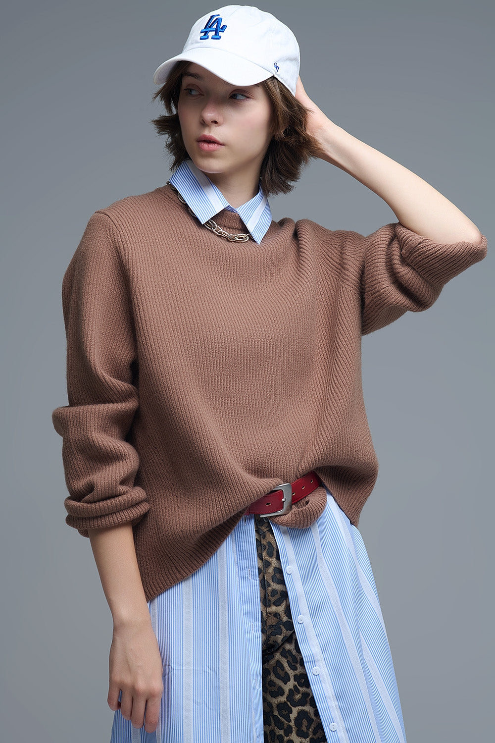 Camisola de malha canelada confortável em camel