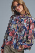 Blusa com folhos estampada Boho-Chic em estampado de palmas metálicas