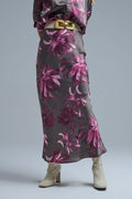 Saia Midi Floral Elegante em cetim cinzento