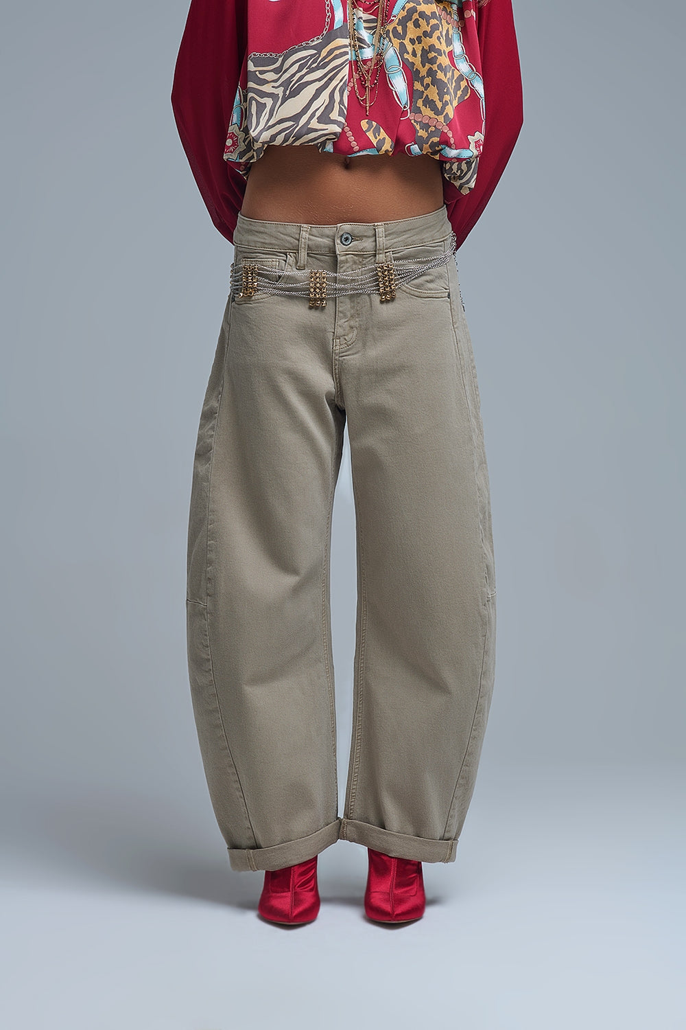 Calças de ganga baggy Barrel bege na moda com bolsos