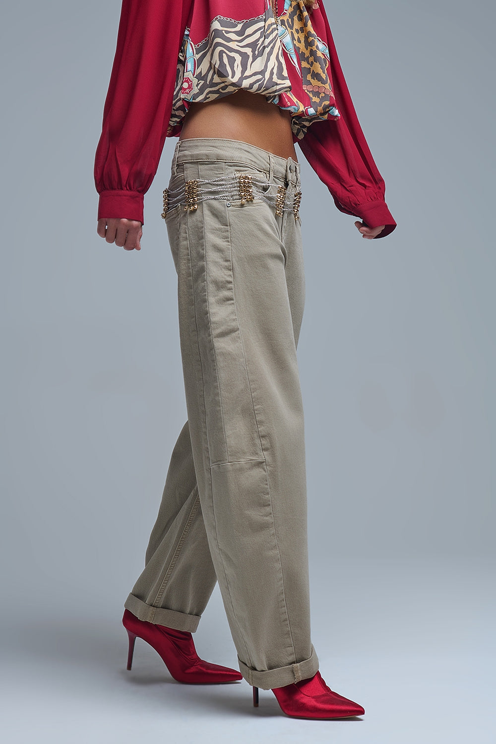 Calças de ganga baggy Barrel bege na moda com bolsos