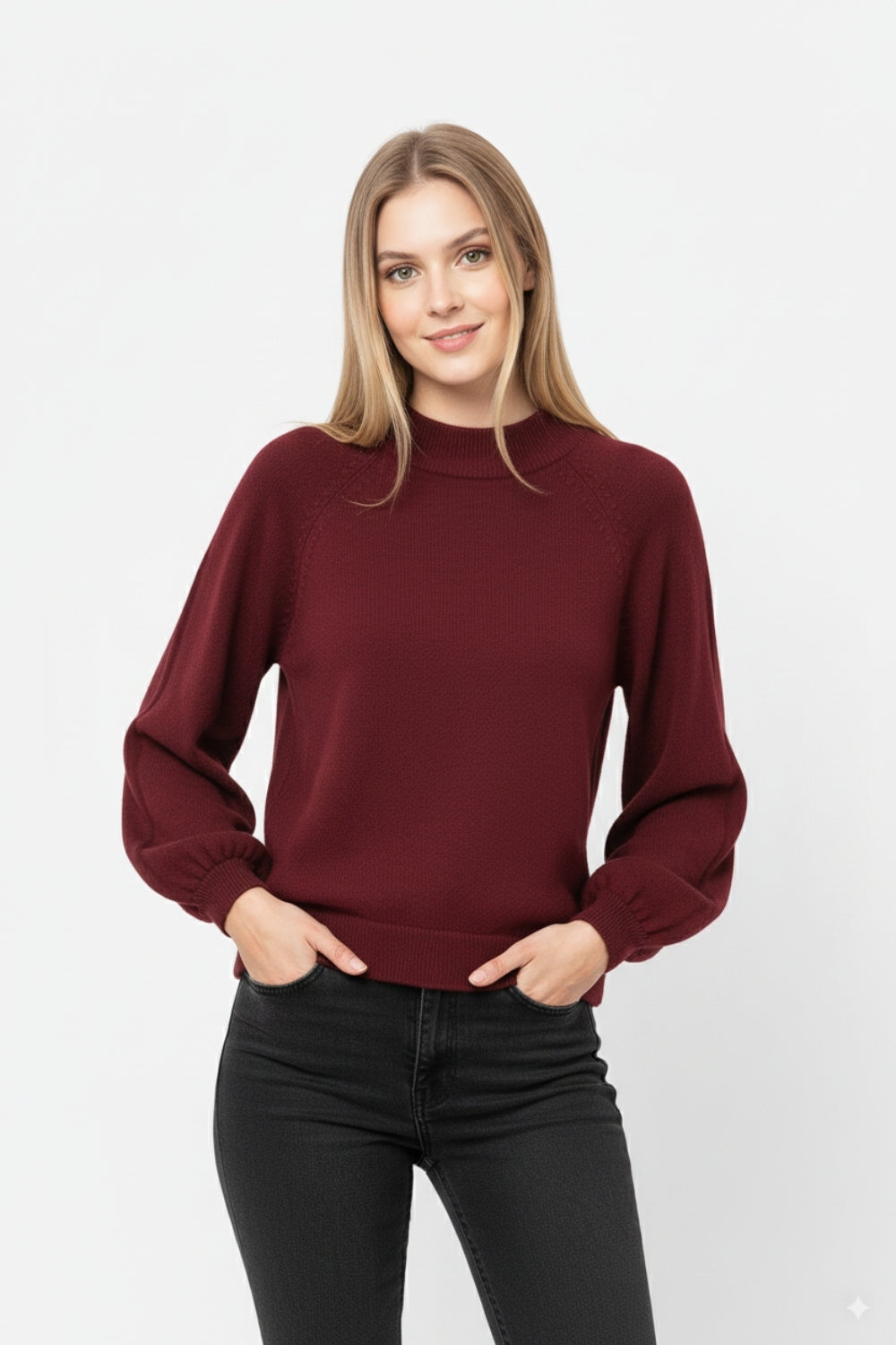 camisola borgonha de estilo descontraído com mangas em balão