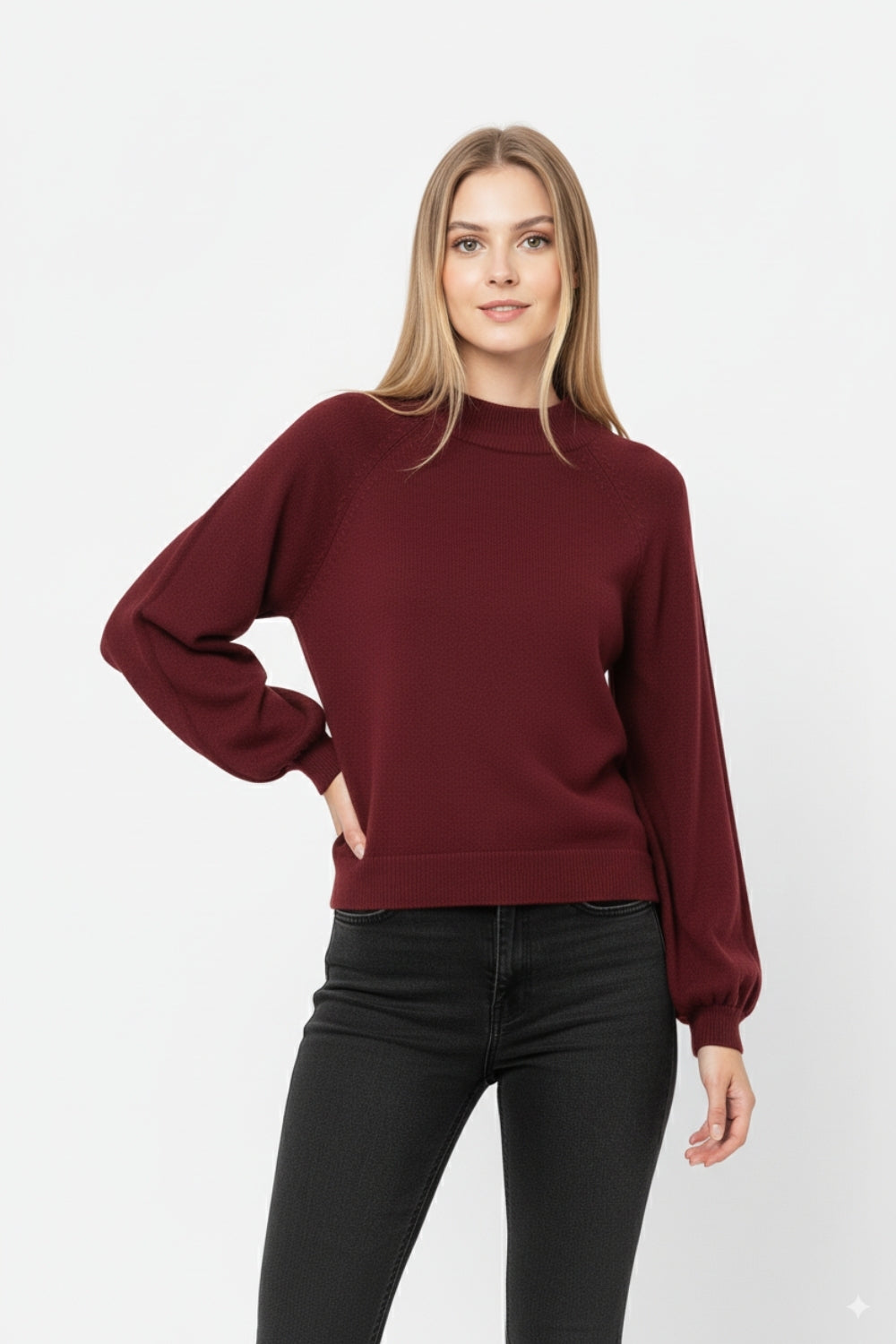camisola borgonha de estilo descontraído com mangas em balão