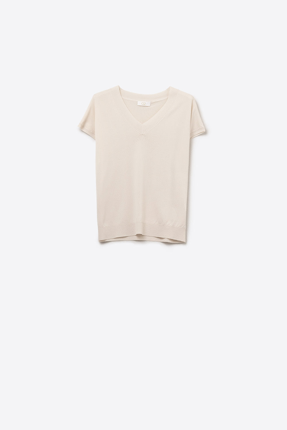 Camisola Beige de malha leve com gola em V e mangas curtas