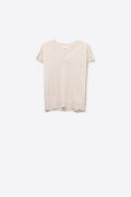 Camisola Beige de malha leve com gola em V e mangas curtas