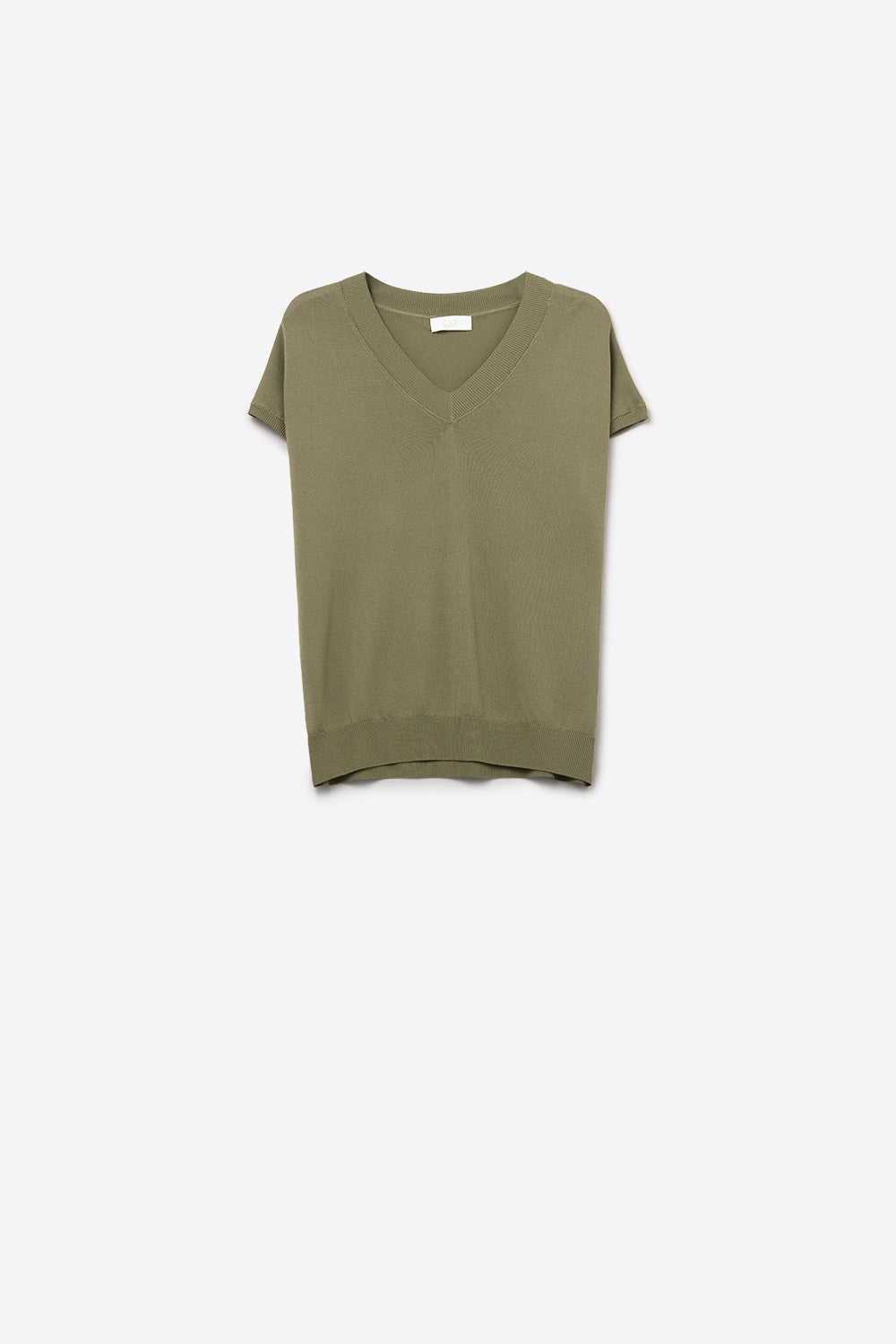 Camisola caqui de malha leve com gola em V e mangas curtas