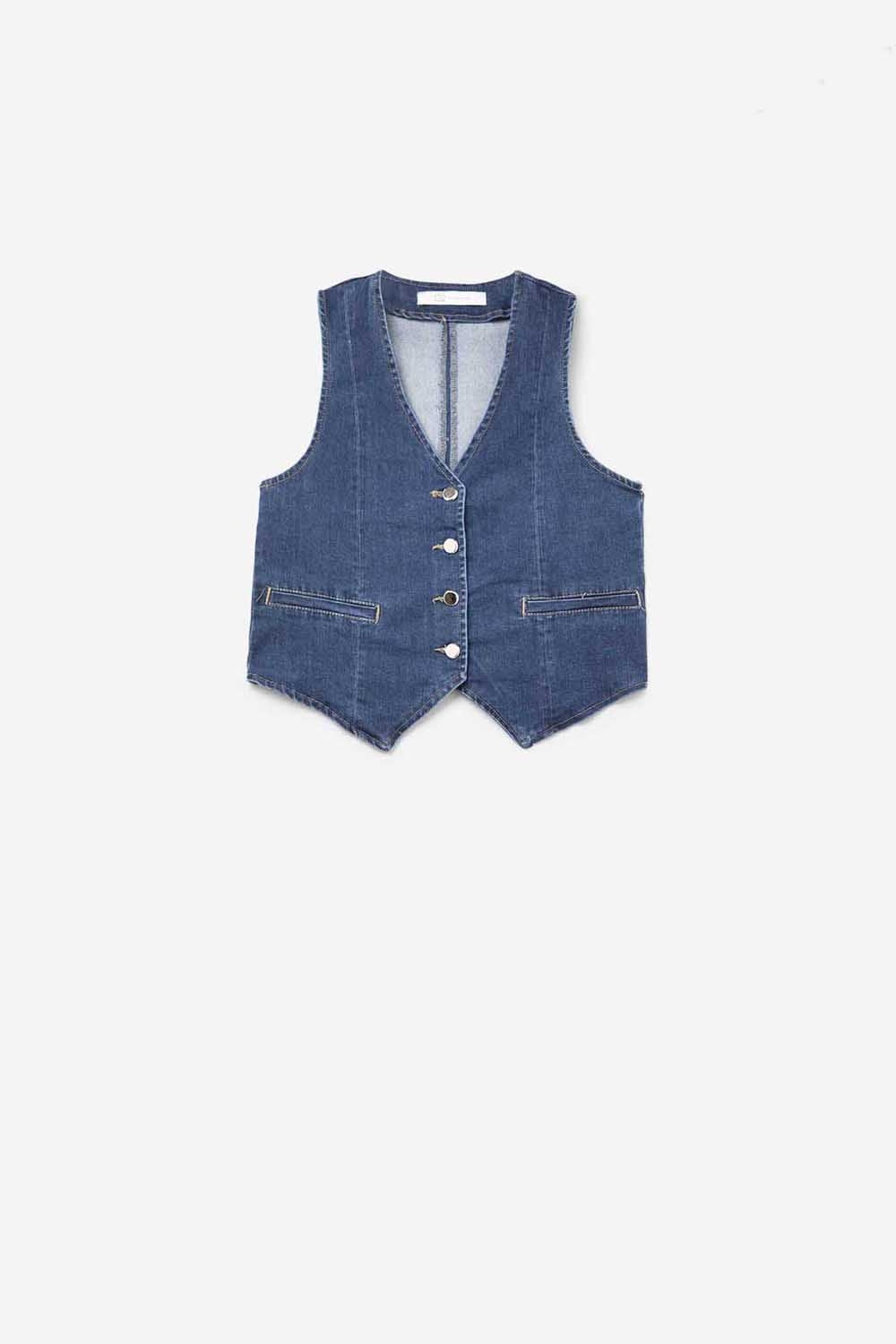 Colete de jeans escuro com botões prateados