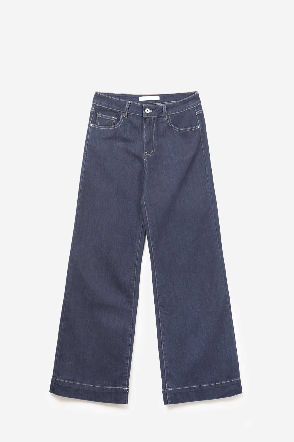 Jeans de perna larga de cintura alta em denim escuro com costuras contrastantes