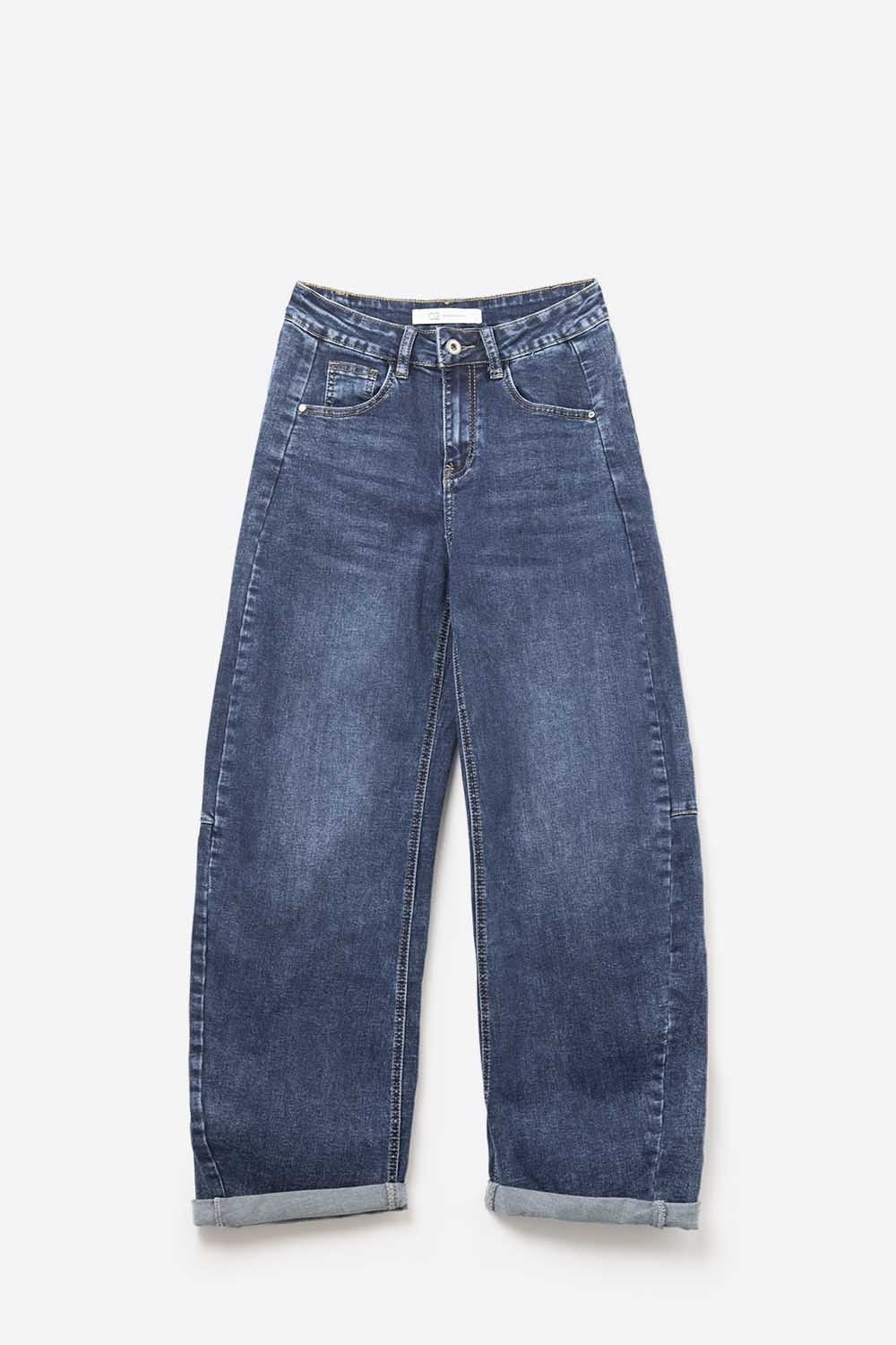 Jeans de Denim Azul Escuro com Pernas Largas Bainha Dobrada e Costuras Laterais