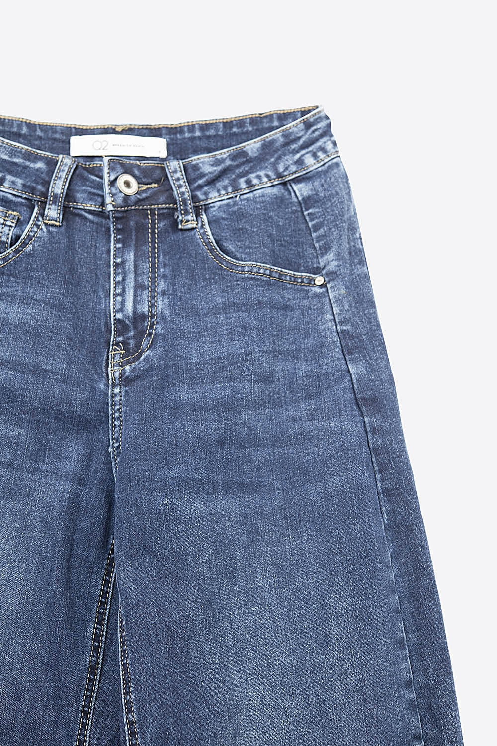 Jeans de Denim Azul Escuro com Pernas Largas Bainha Dobrada e Costuras Laterais