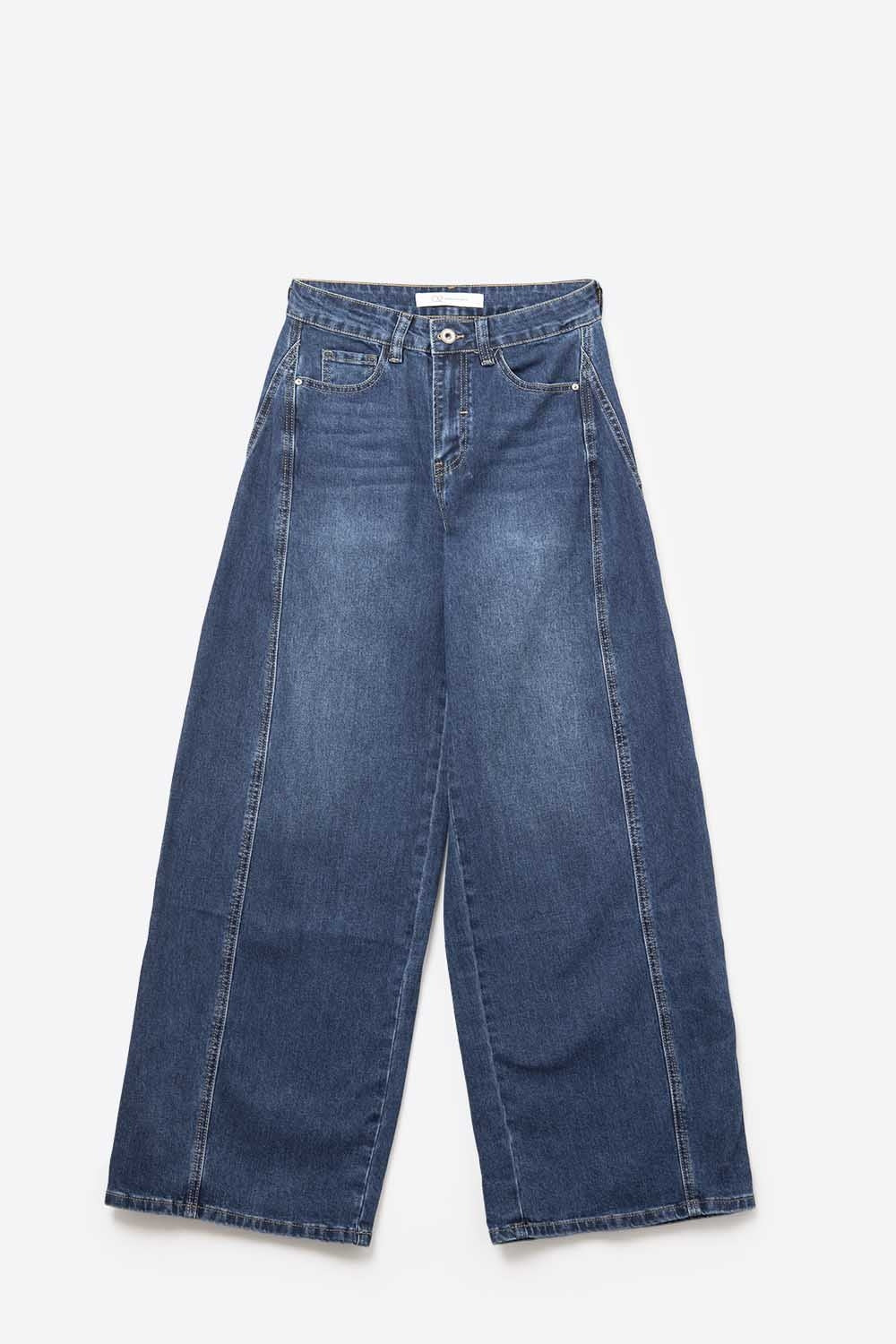 Jeans Wide-Leg de Denim Azul Clássico com Costura