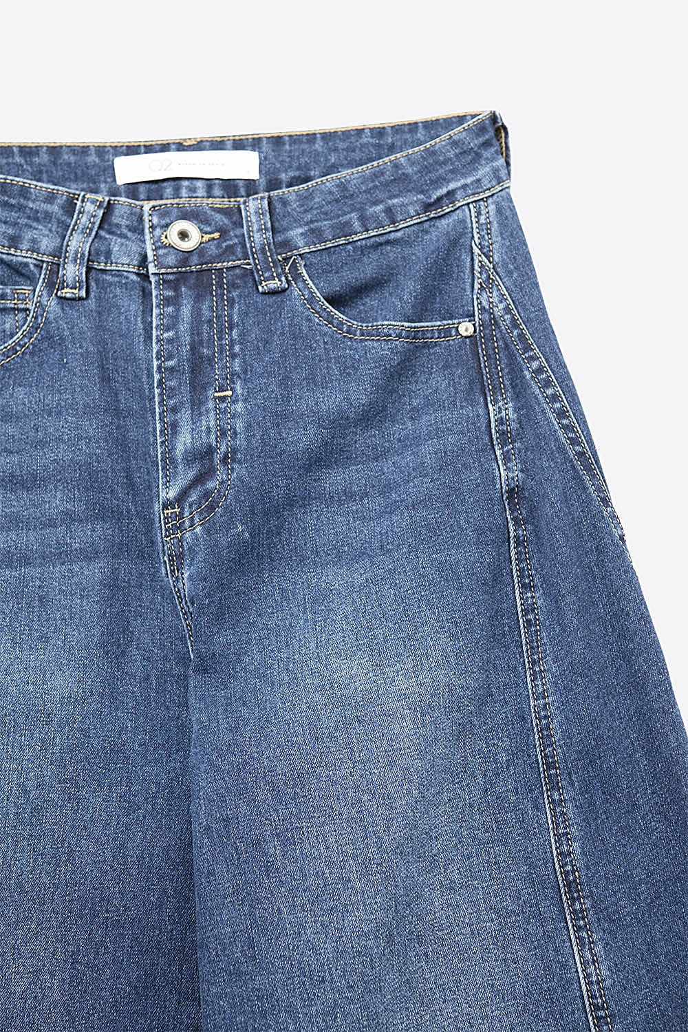 Jeans Wide-Leg de Denim Azul Clássico com Costura