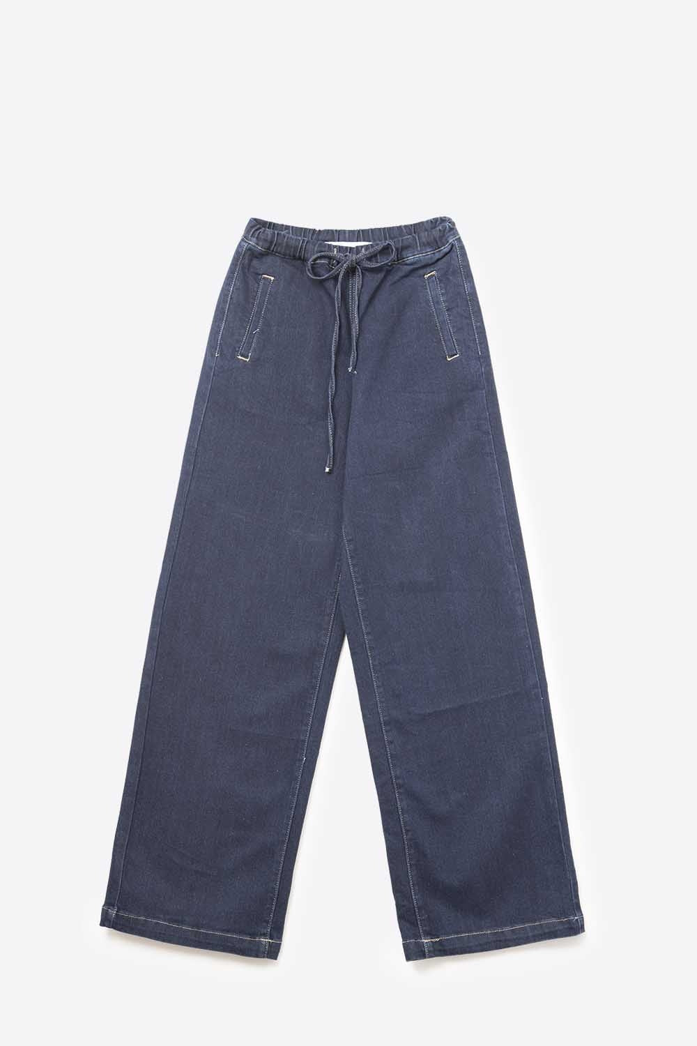 Calças Jeans Largas de Denim Azul com Laço