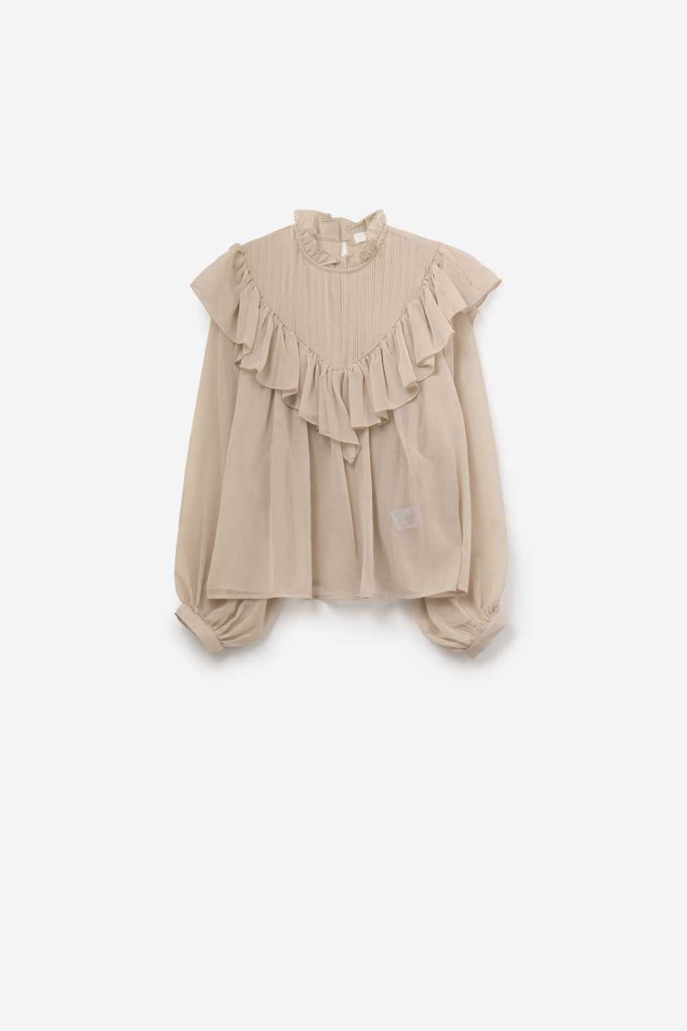 Blusa romântica bege de manga comprida com folhos em tecido de chiffon