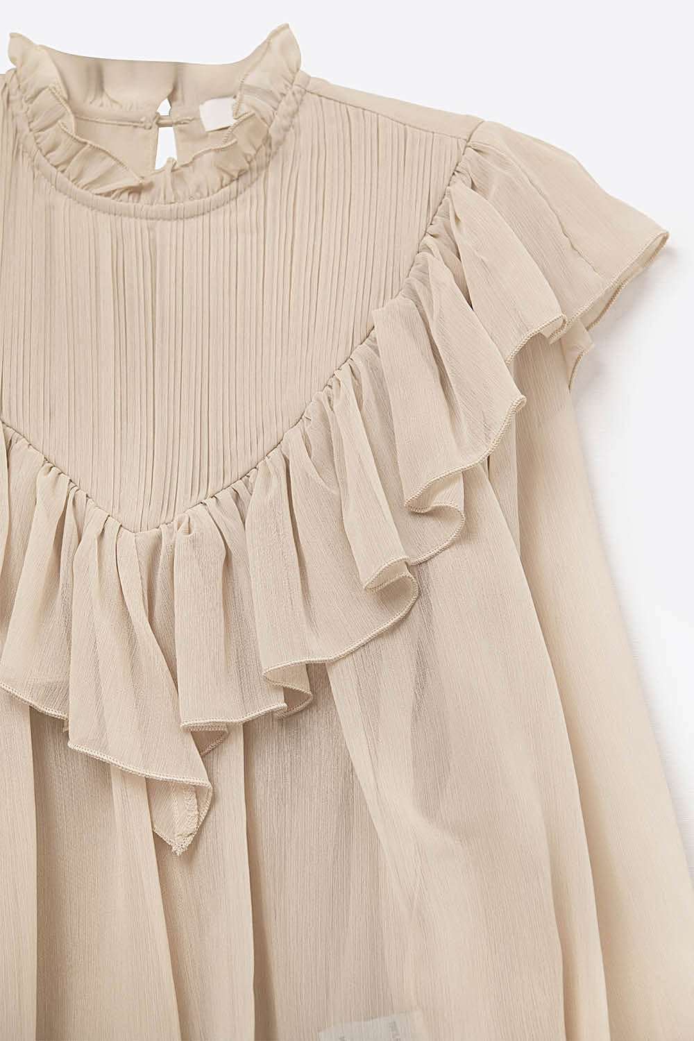 Blusa romântica bege de manga comprida com folhos em tecido de chiffon