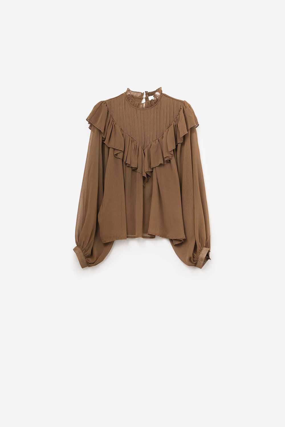 Blusa romântica castanha de manga comprida com folhos em tecido de chiffon