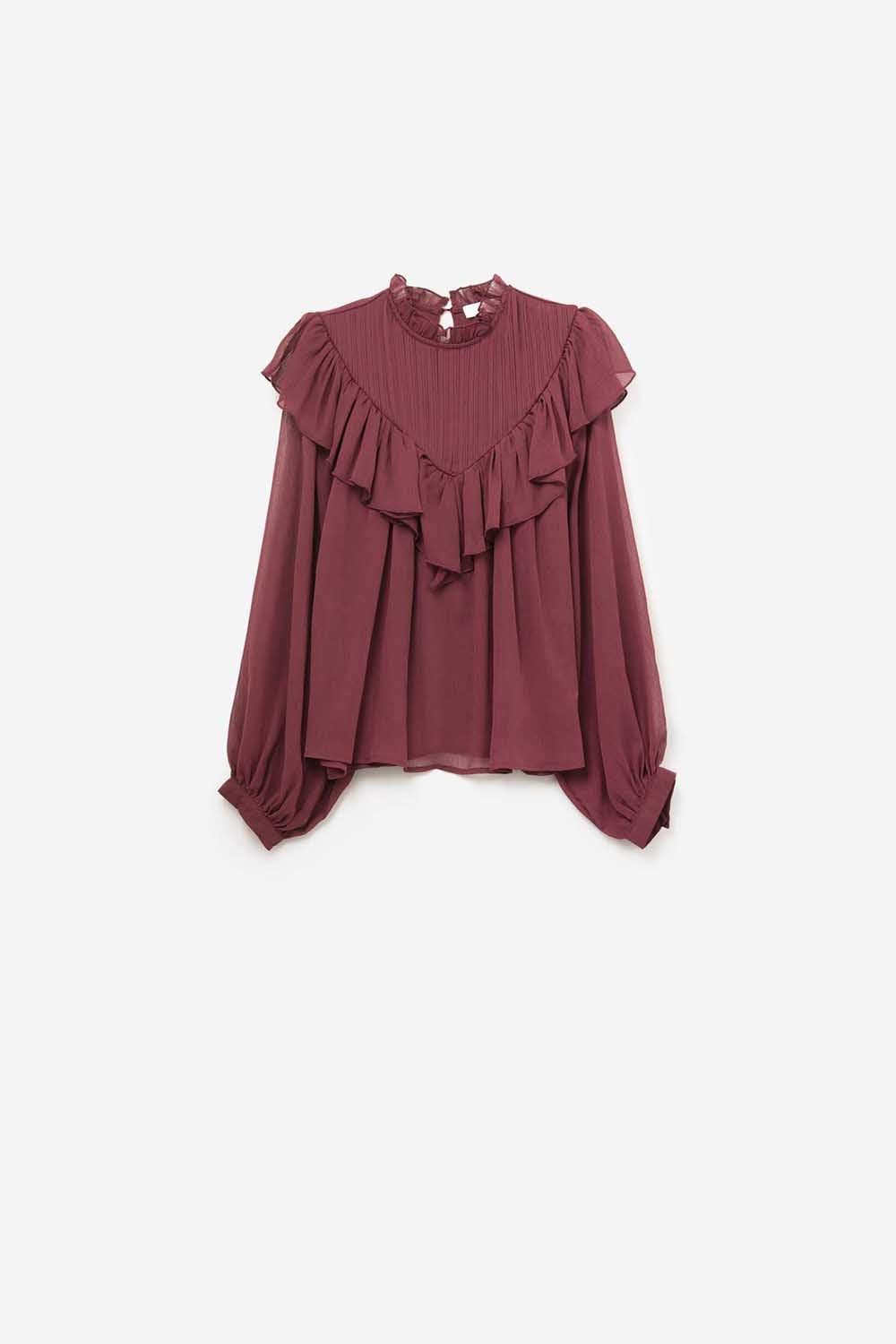 Blusa romântica de manga comprida com folhos cor de vinho