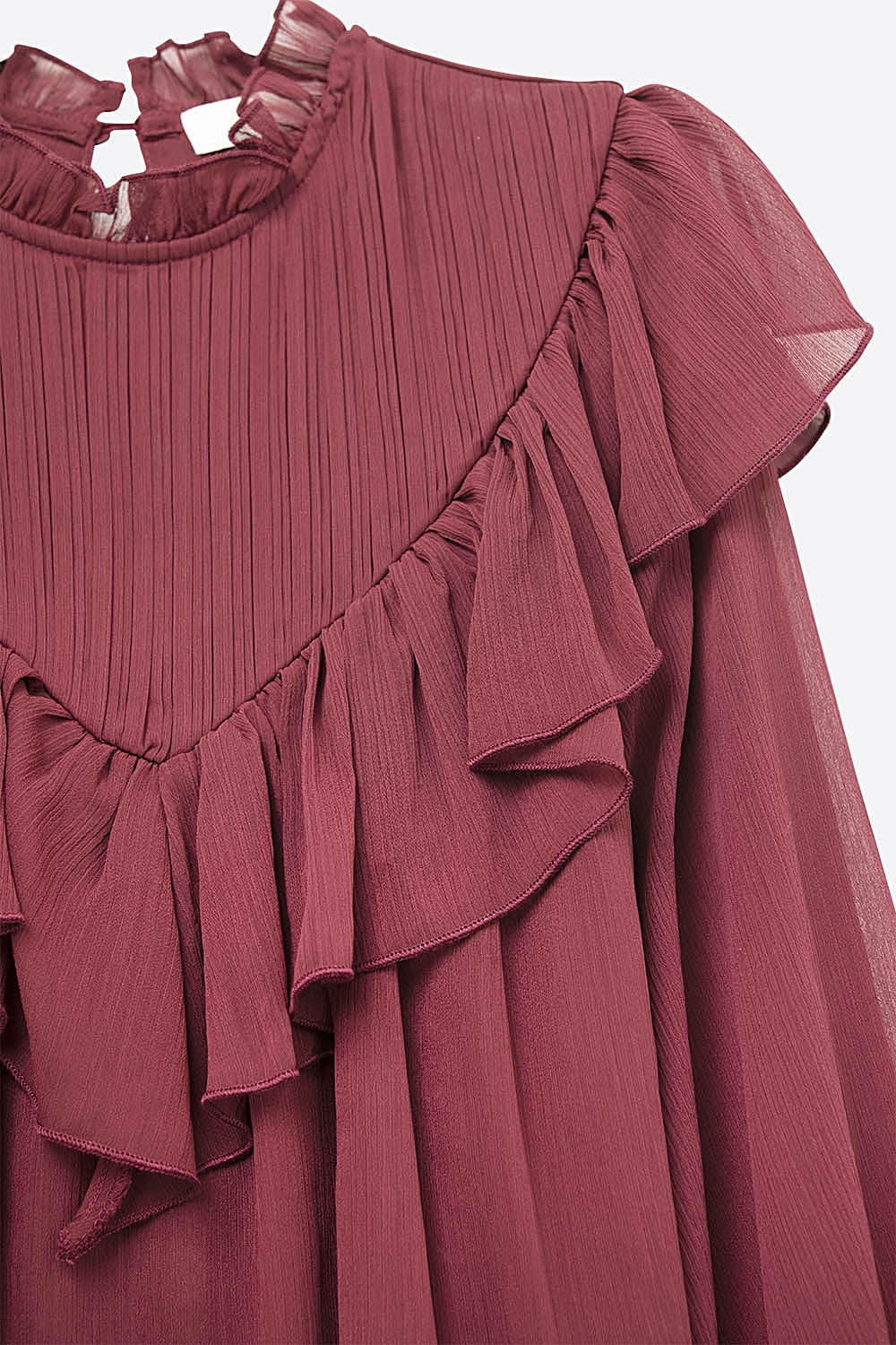 Blusa romântica de manga comprida com folhos cor de vinho