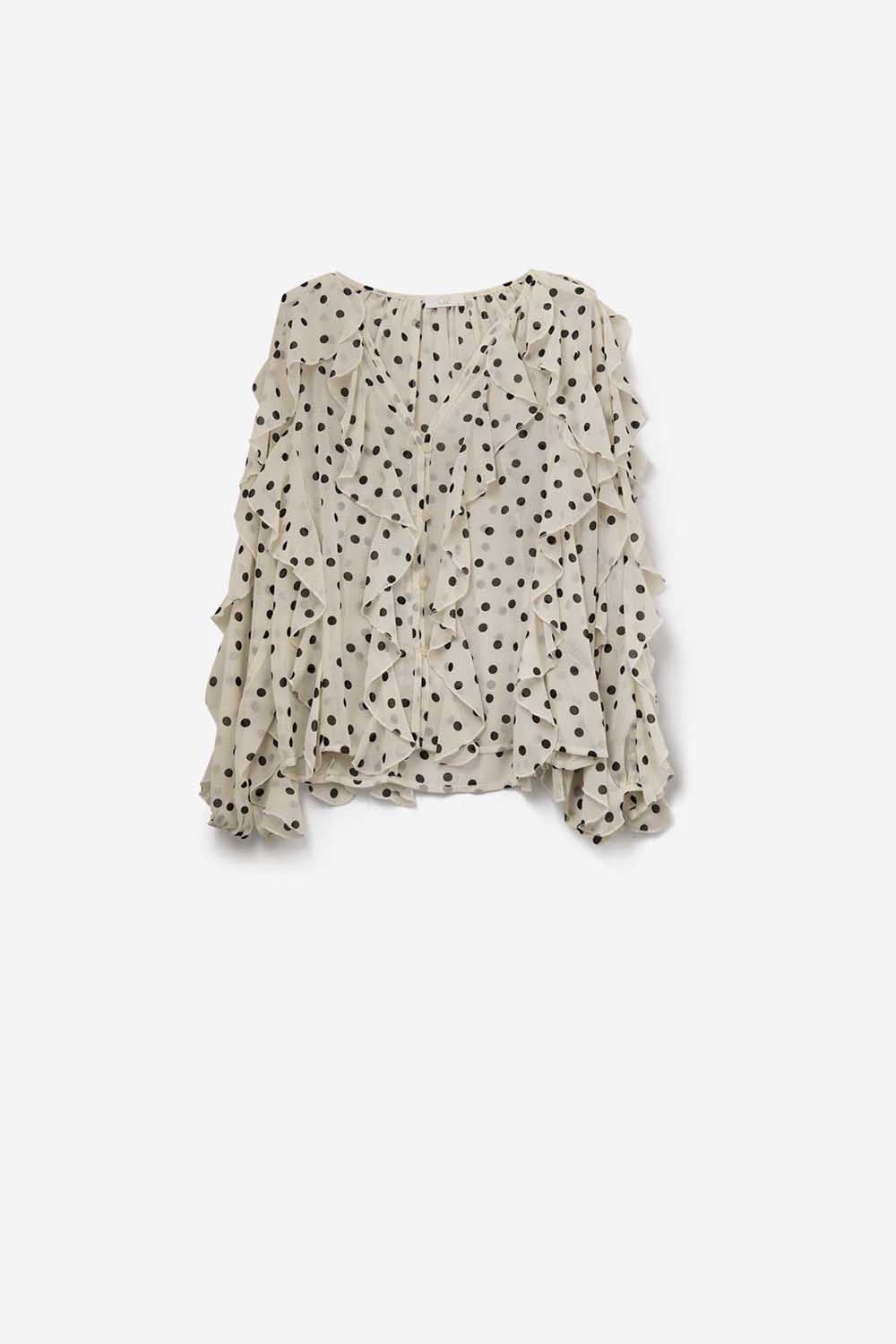 Camisa de chiffon com botões de bolinhas e folhos