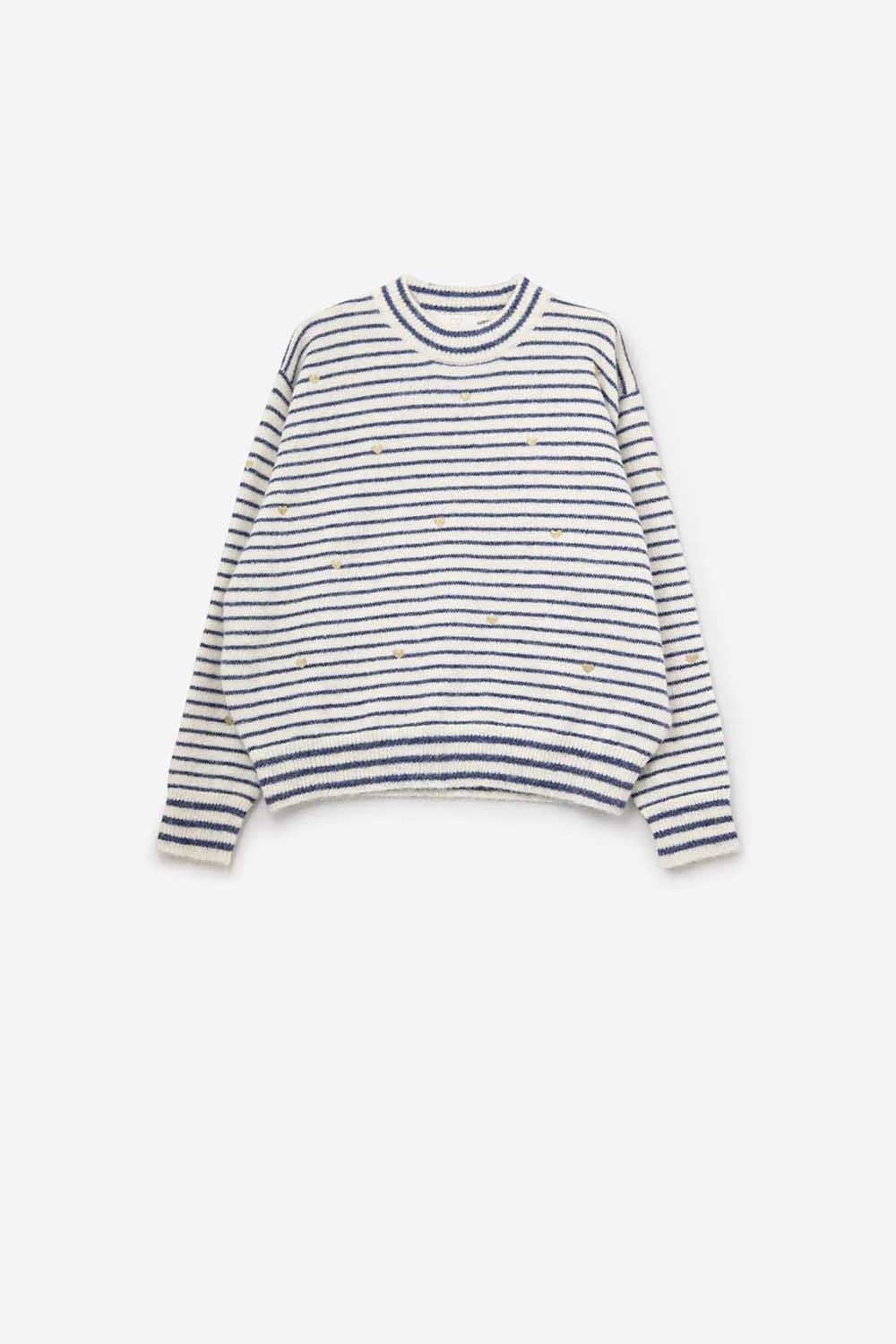 Camisola de malha com riscas azuis e coração dourado bordado