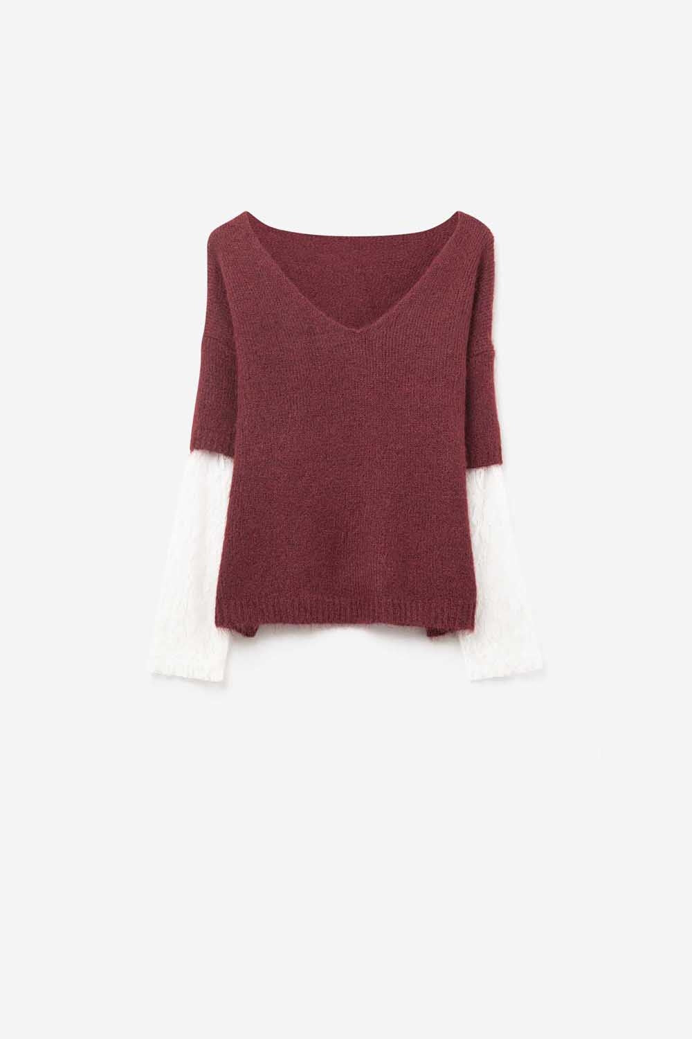 Camisola com decote em V e mangas em renda branca em contraste Borgonha